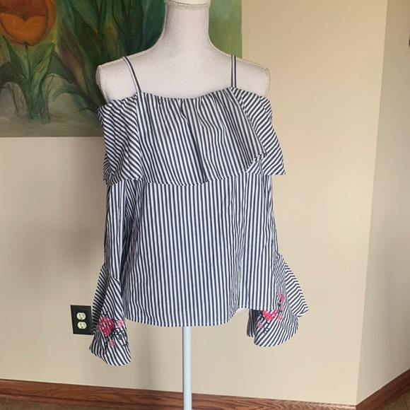 A. Byer Tops - Striped, Off-The-Shoulder Bell Sleeve Blouse